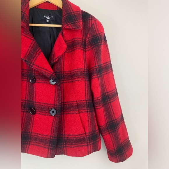 Talbots Wool Blend Red Black Buffalo Plaid Double Breast Blazer Jacket Sz 16P - Picture 3 of 9